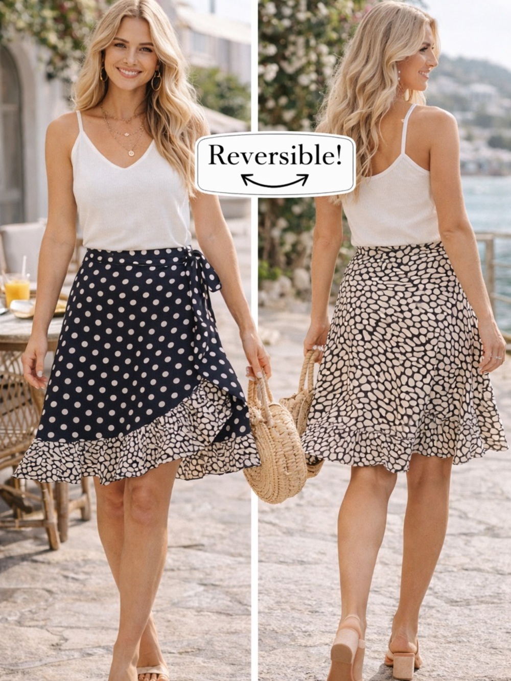 Boutique Reversible Polka Dot & Abstract Print Skirt - Navy/Cream